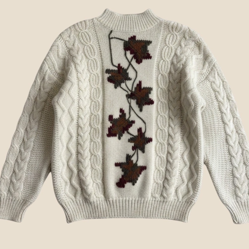 Vintage Cape Isle Knitters cottagecore sweater cable knit wool leaf motif sz M